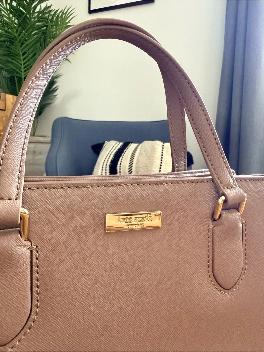 kate spade taupe mauve leather satchel with gold hardware